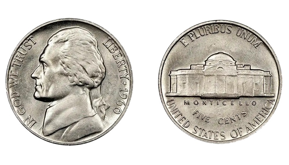 1960 Jefferson nickel obverse showing Jefferson portrait and reverse showing Monticello
