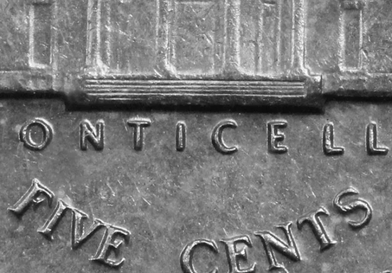 Close-up of 1960 nickel Monticello steps showing Full Steps designation with five clearly separated unbroken step lines