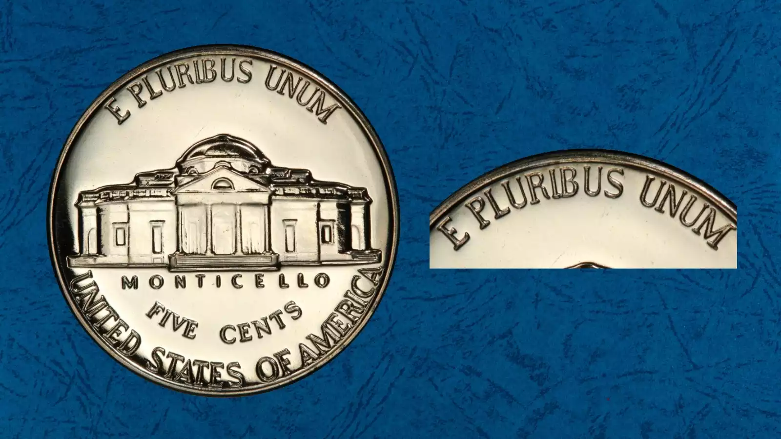 1960 proof nickel Quadrupled Die Reverse FS-801 showing layered quadrupled inscriptions on E PLURIBUS UNUM