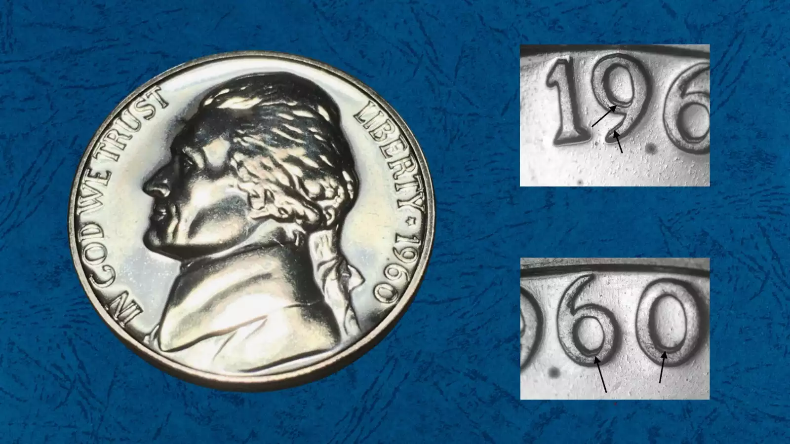 1960 nickel Doubled Die Obverse error showing doubling on LIBERTY inscription and date
