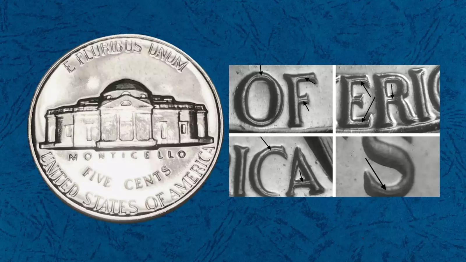 1960 nickel Doubled Die Reverse error showing extra thickness and doubling on E PLURIBUS UNUM and MONTICELLO inscriptions