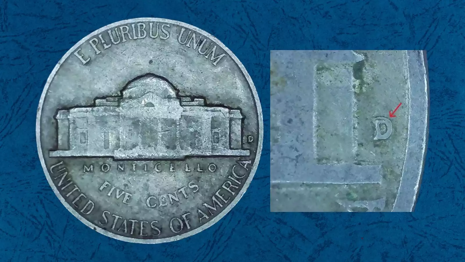 1960-D nickel Repunched Mint Mark error showing doubled D mint mark with secondary impression offset from primary
