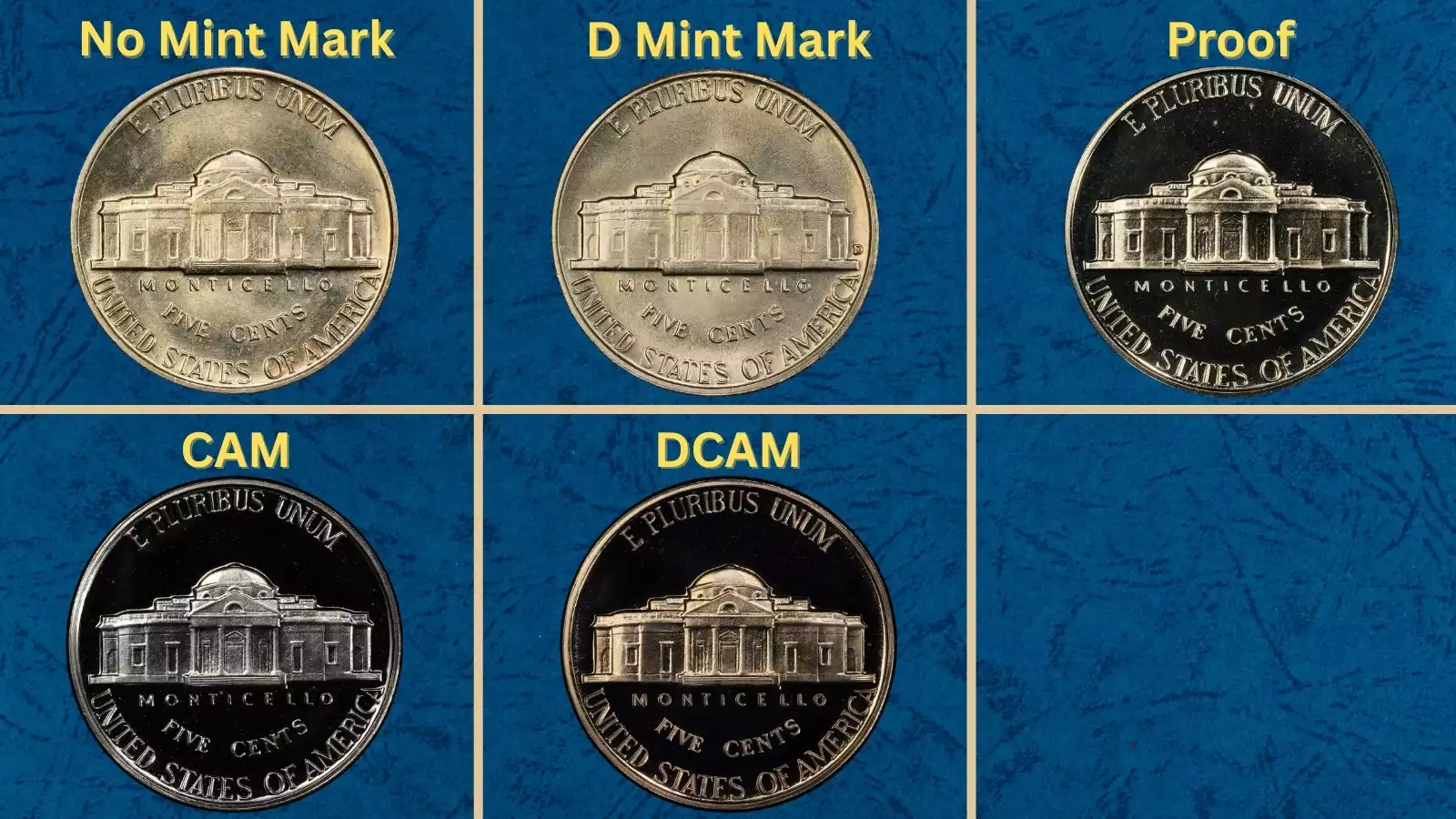 Group of 1960 Jefferson nickels showing different grades from circulated to gem uncirculated, representing mintage survival