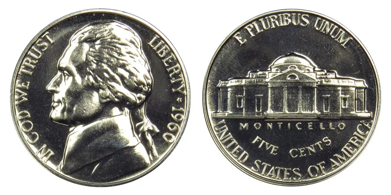 1960 nickel grading strip showing four condition tiers from worn through gem uncirculated in a single row